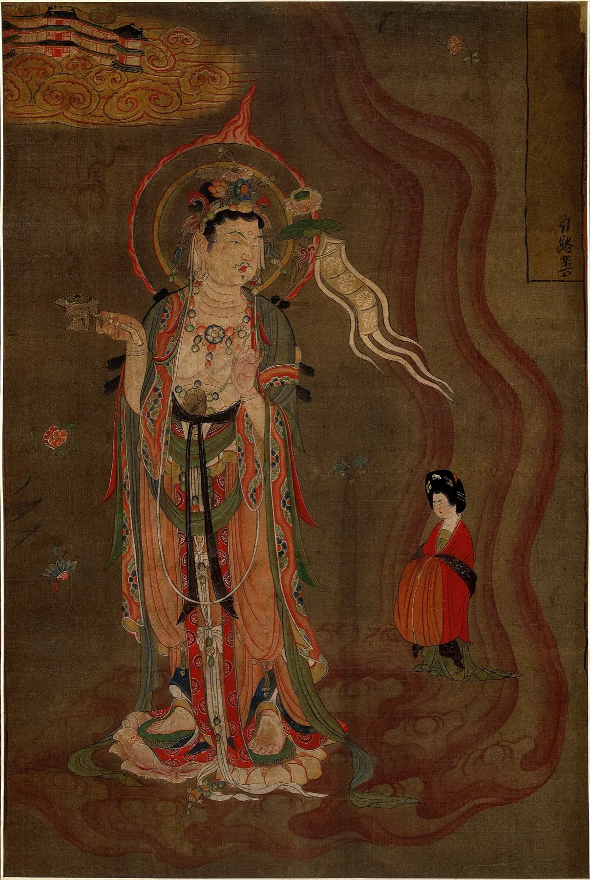 引路菩萨：菩萨手持香炉，踏云前行，头后是一道透明的细圆环，顶上收成一簇火焰；身后跟着一位贵妇