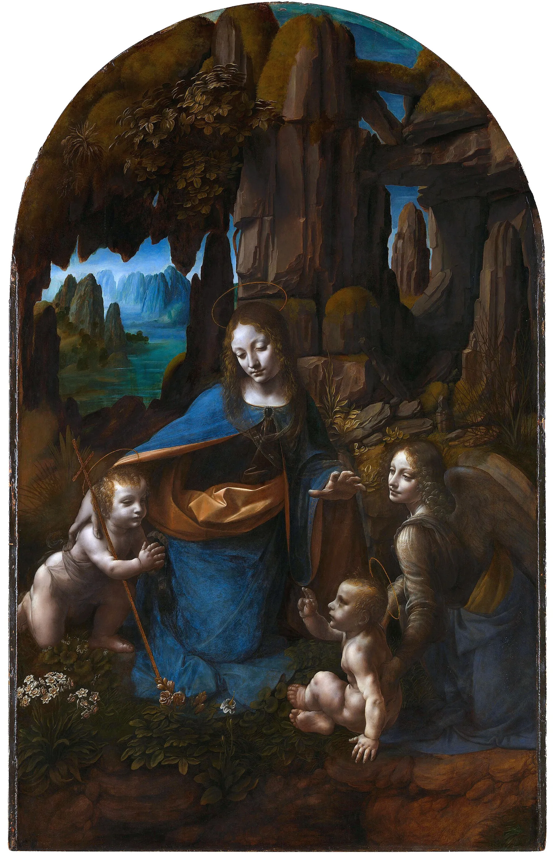 伦敦版《岩间圣母》：构图相同，但圣母和孩子头顶多了细细的金色光环，左边的约翰拿着十字杖