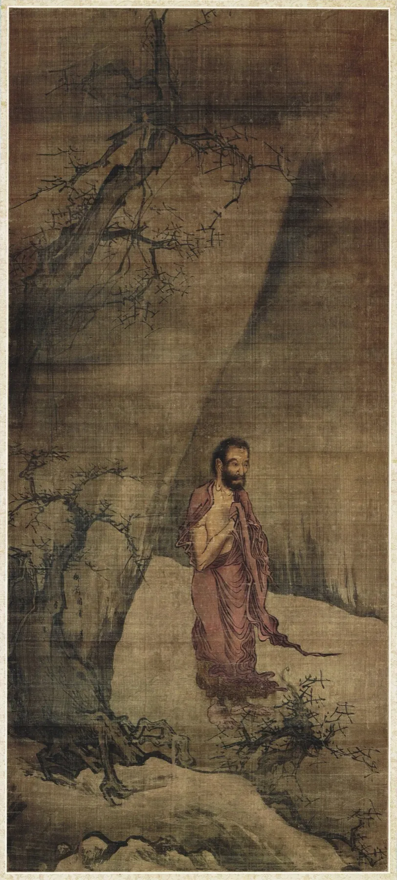 梁楷《出山释迦图》：枯瘦、蓄须的释迦从山中走出，衣衫褴褛，头上没有光环