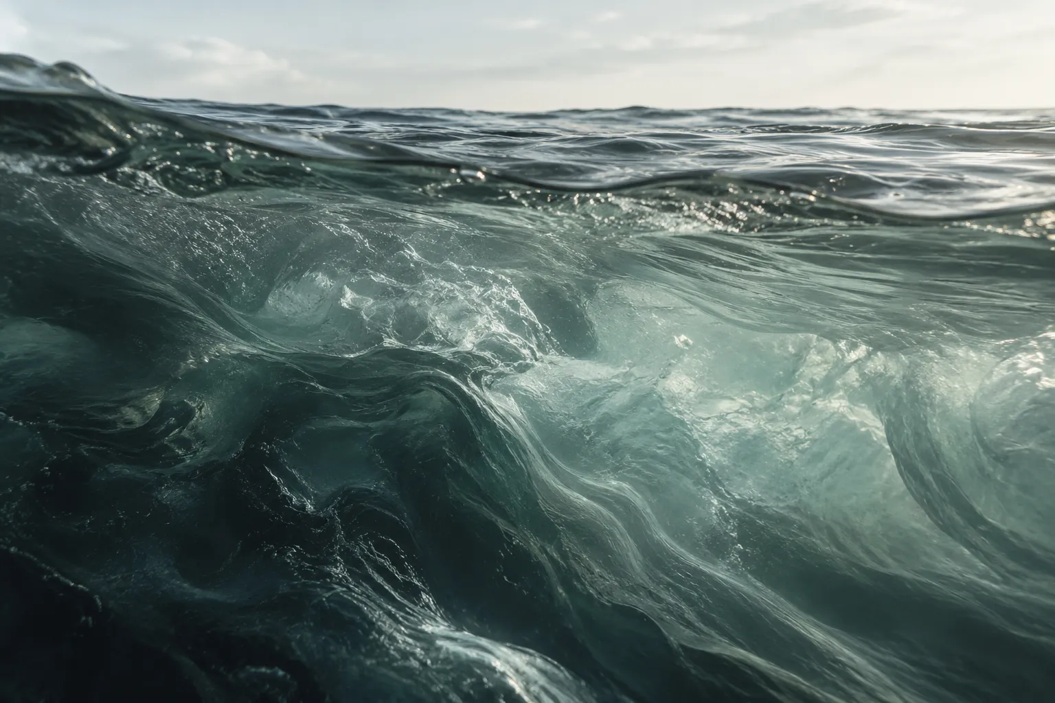AI 概念图:平静海面下翻涌的水流