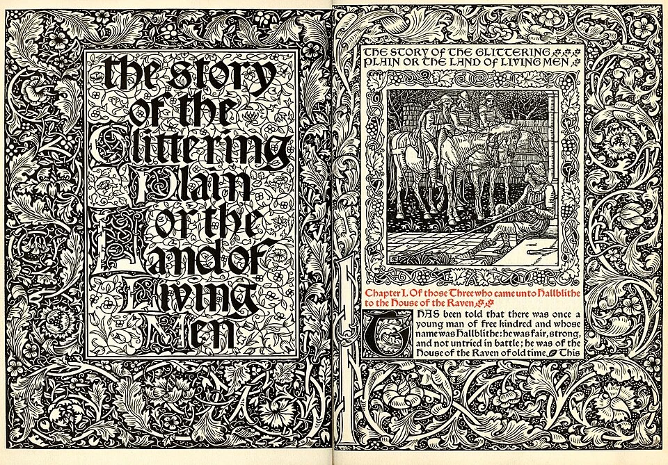 Kelmscott Press,《The Story of the Glittering Plain》1894 年版扉页;不是 1891 年初版